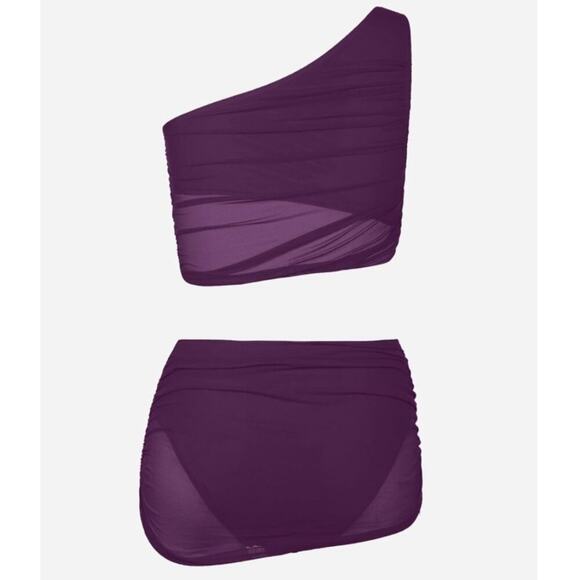 Cupshe Purple One Shoulder Bikini Set Small Mesh Ruched Skirt Swimwear Women’s - Picture 5 of 8